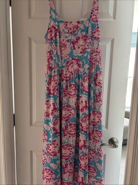 Sleeveless Floral Maxi Dress in Turquoise and Pink